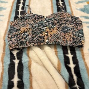 American Eagle Outfitters Floral Button-Front Crop Top - Black Multi